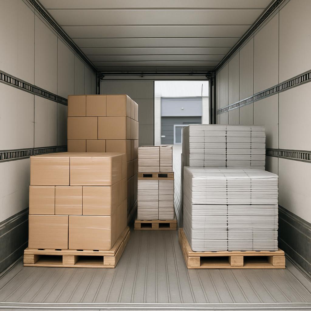 The interior of a semi-truck trailer is shown, with stacks of boxes in various sizes on pallets.